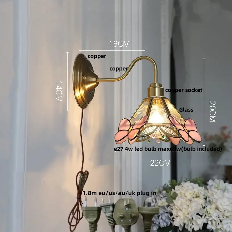 Antique brass blue flower glass led wall sconce featuring stained glass butterfly design with included led bulb for decorbites blue flower decor