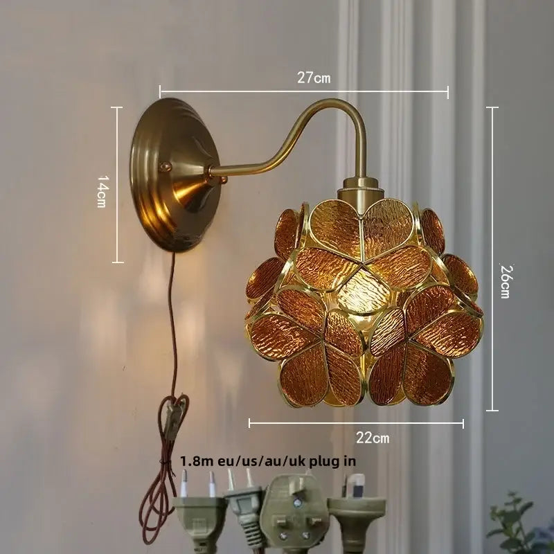 Antique brass blue flower glass led wall sconce with floral glass shade for bedroom decorbites blue flower lighting