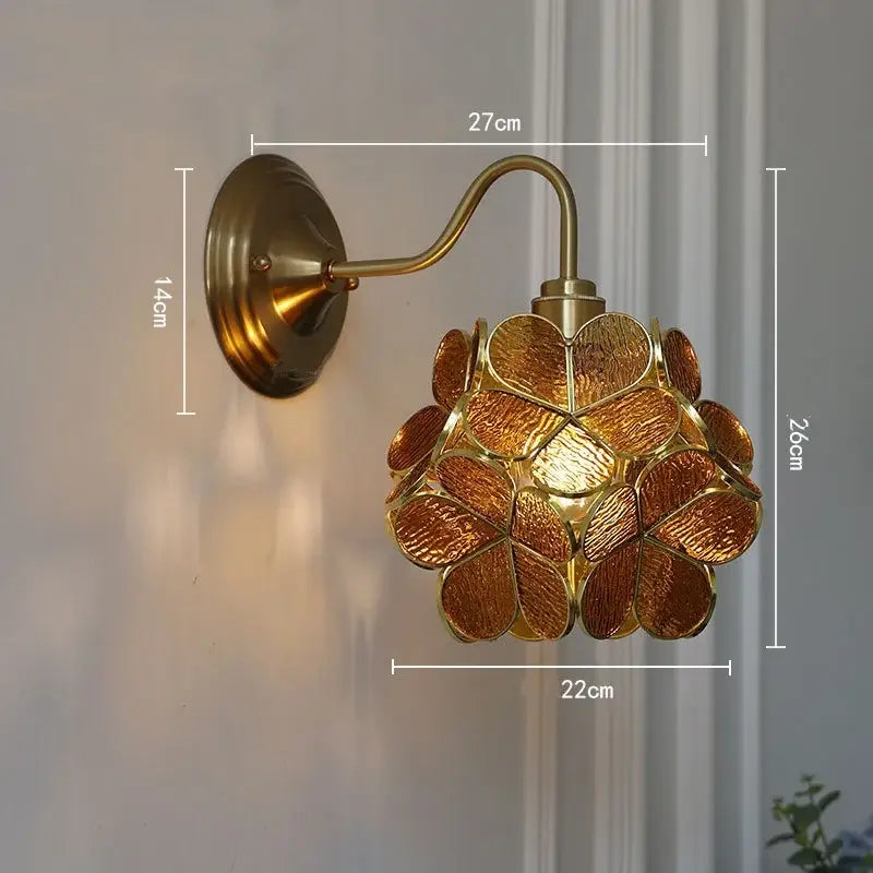 Antique brass blue flower glass led wall sconce with gold-toned amber textured panels for decorbites blue flower lighting