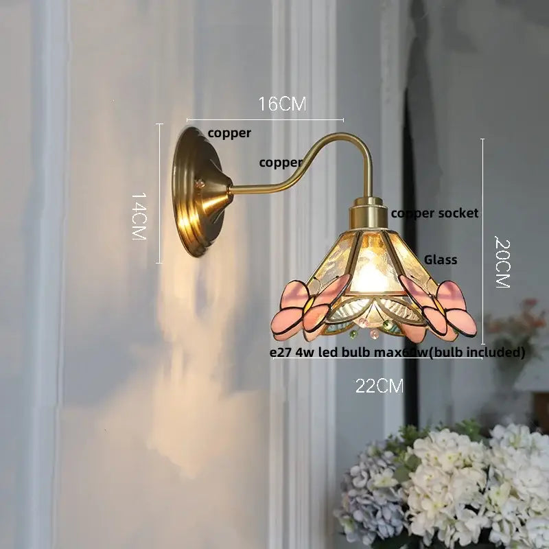 Antique brass blue flower glass led wall sconce featuring a vintage copper design with pink butterfly stained glass shade decorbites blue flower