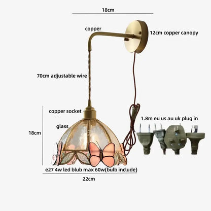 Antique brass butterfly glass led wall light with copper finish and stained glass pink and clear butterfly shade for decorbites wall lights