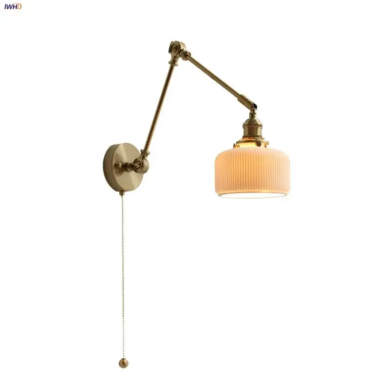 Antique brass ceramic copper led wall light with adjustable ribbed frosted glass shade and pull-chain switch by decorbites