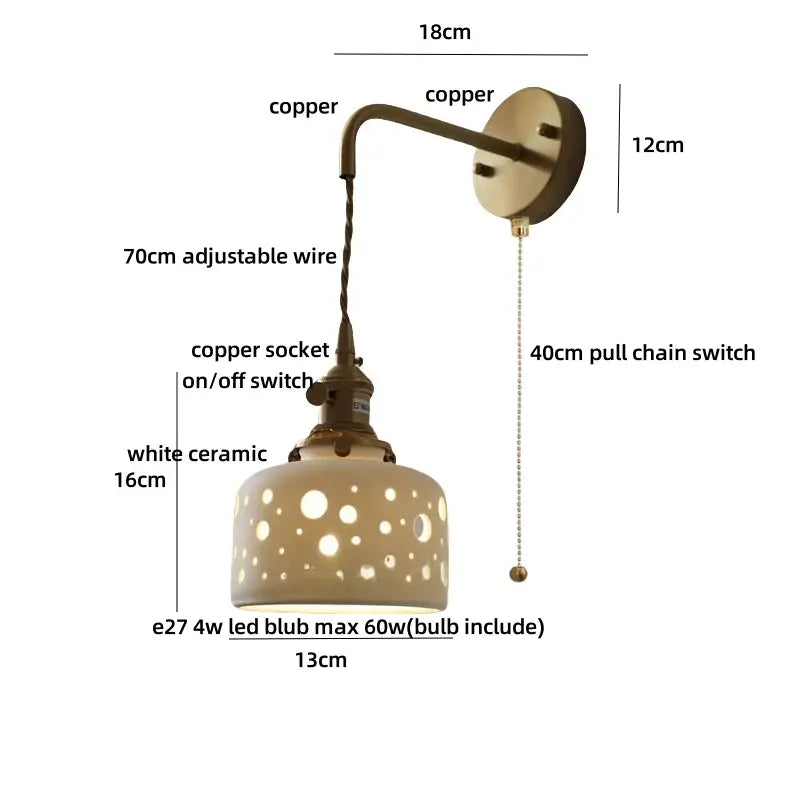 Antique brass ceramic led wall light with white ceramic shade and copper adjustable arm for elegant bedroom decorbites ceramic led wall