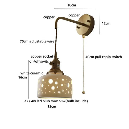 Antique brass ceramic led wall light with white ceramic shade and copper adjustable arm for elegant bedroom decorbites ceramic led wall