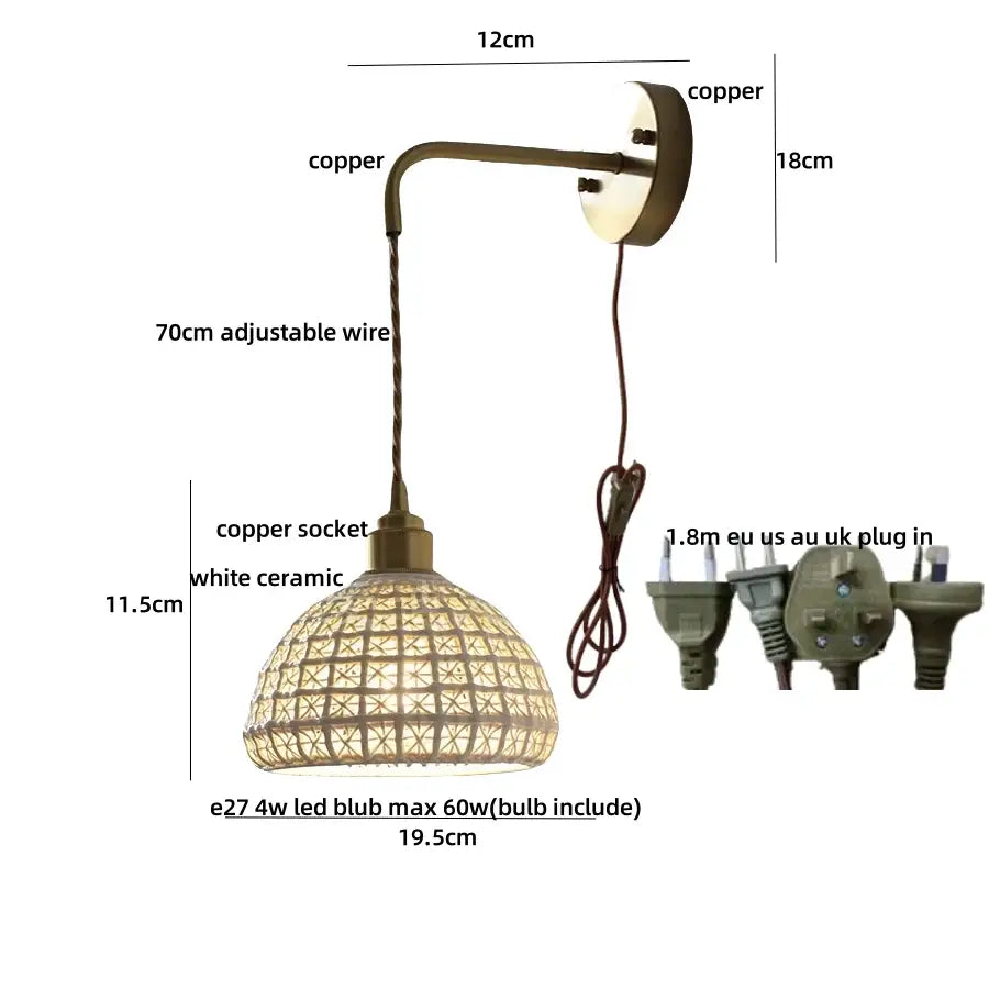 Antique brass ceramic led wall light with lattice-patterned white ceramic shade and adjustable 70cm wire decorbites ceramic led