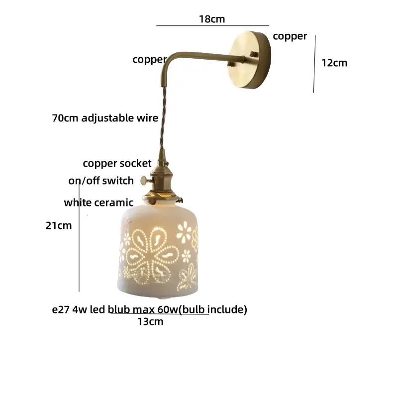 Antique brass ceramic led wall light with vintage copper sconce and white ceramic shade featuring floral cutouts for decorbites ceramic led decor