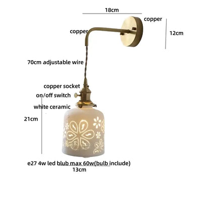 Antique brass ceramic led wall light with vintage copper sconce and white ceramic shade featuring floral cutouts for decorbites ceramic led decor