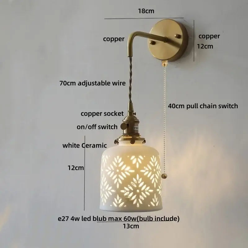 Antique brass ceramic led wall light with white leaf-patterned frosted ceramic led wall sconce and copper accents
