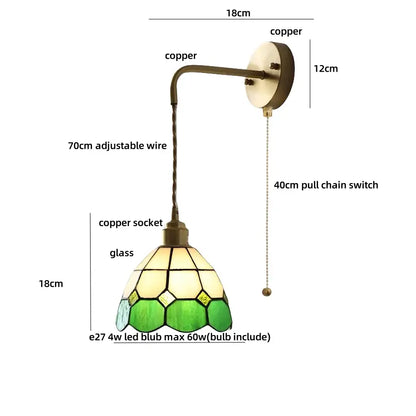 Antique brass ceramic led wall light bedroom sconce with copper-finished arm and green cream stained glass shade decorbites ceramic led