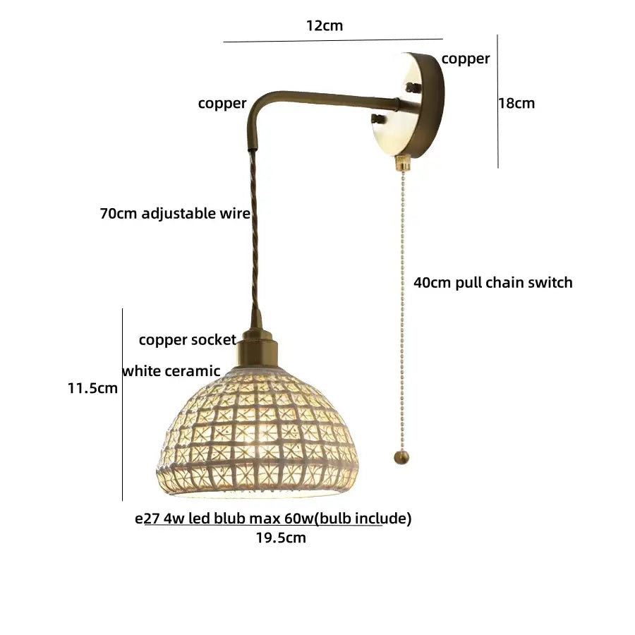 Antique brass ceramic led wall lights with white ceramic rattan shade featuring woven lattice design for bedroom decorbites ceramic led wall