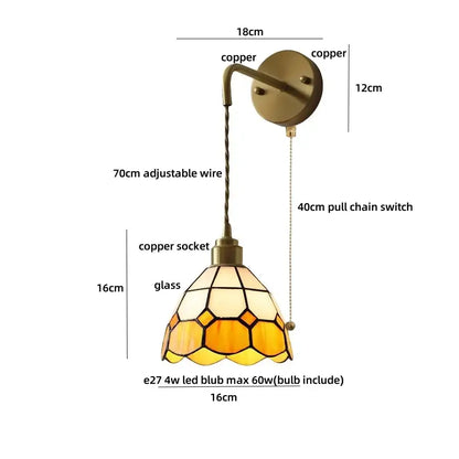 Antique brass ceramic led wall light with a stained glass amber and cream copper shade for decorbites ceramic led wall decor