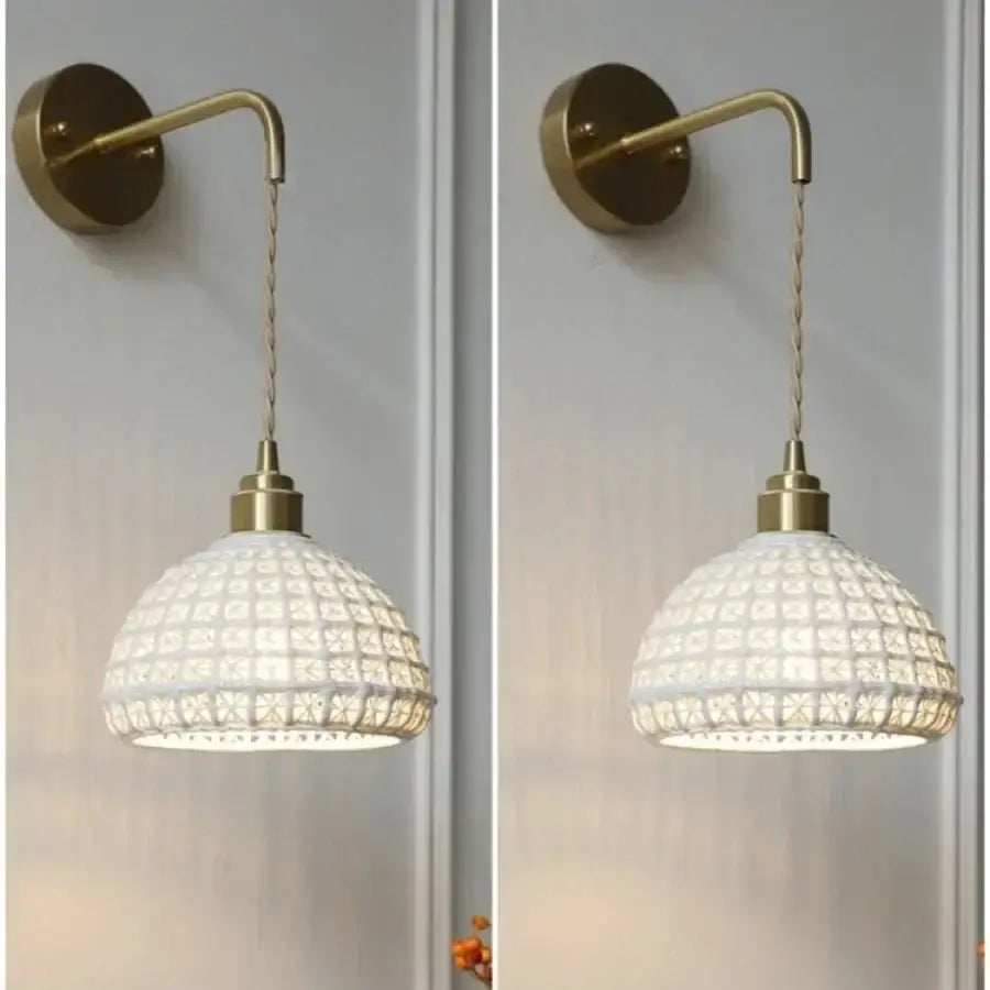 Antique brass ceramic led wall light with white patterned glass pendant and brass-finished metal arm for bedroom decorbites ceramic led wall