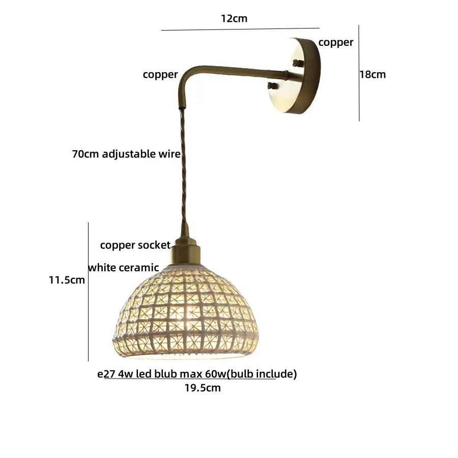 Antique brass ceramic led wall sconce with white floral ceramic led wall shade and woven lattice design for bedroom decorbites ceramic led