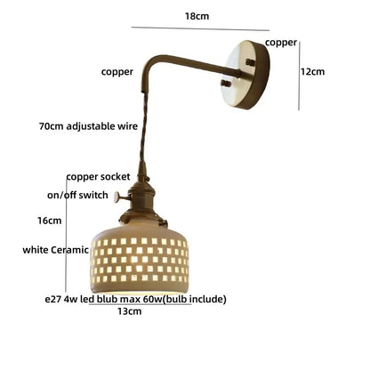 Antique brass ceramic LED wall sconce with white ceramic shade and square cutouts for bedroom decorbites ceramic LED wall