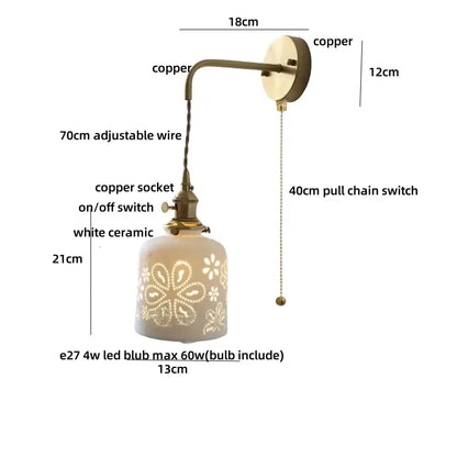 Antique brass ceramic led wall sconce with copper finish, white floral ceramic shade, and 70cm adjustable wire decorbites ceramic led