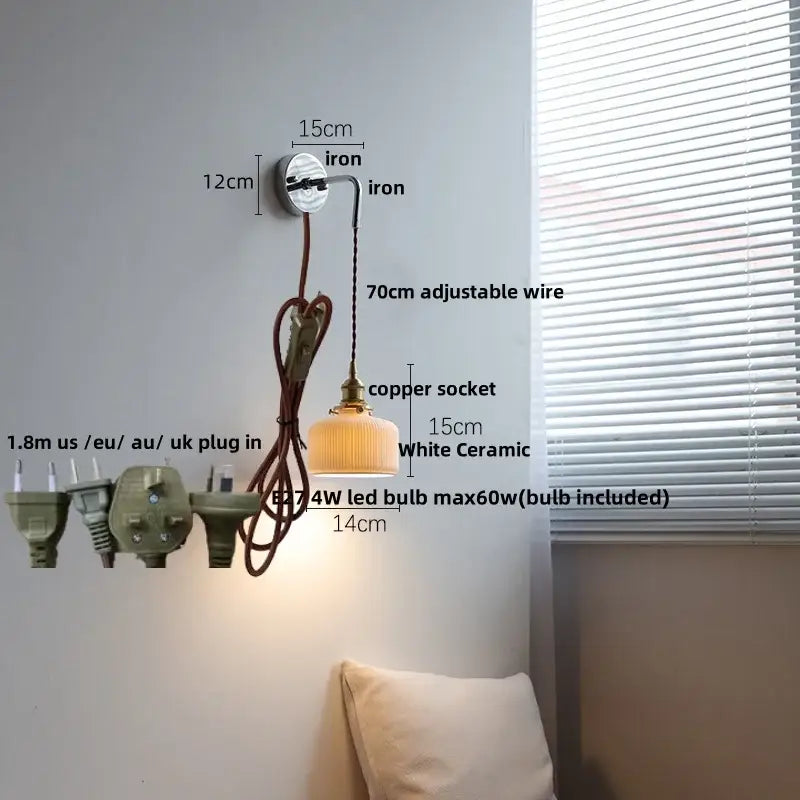 Antique brass ceramic led wall sconce with white ceramic shade, brass copper socket, and iron mounting bracket for bedroom decorbites ceramic led wall