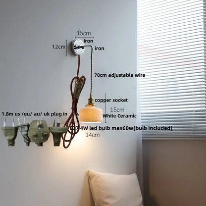 Antique brass ceramic led wall sconce with white ceramic shade, brass copper socket, and iron mounting bracket for bedroom decorbites ceramic led wall