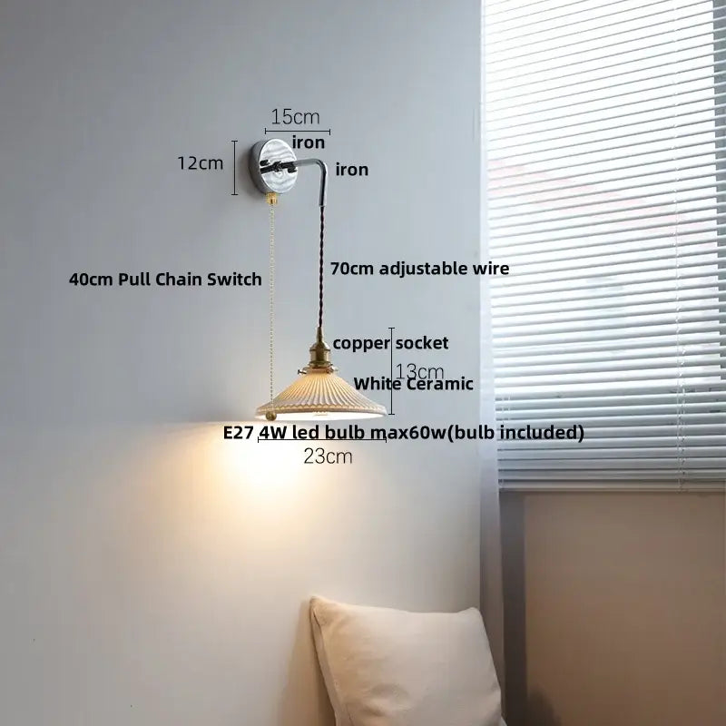 Antique brass ceramic led wall sconce with white ceramic pendant lamp, brass iron mount, and copper socket for decorbites ceramic led wall