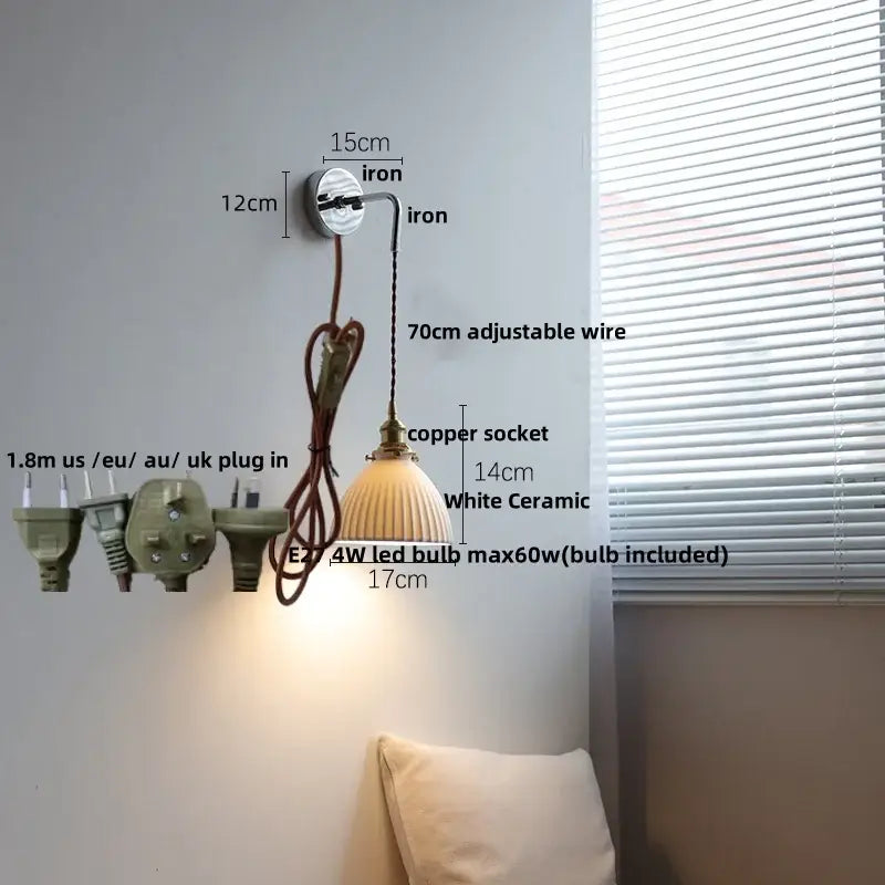 Antique brass ceramic led wall sconce with white ribbed ceramic shade and brass fittings for bedroom decorbites ceramic led