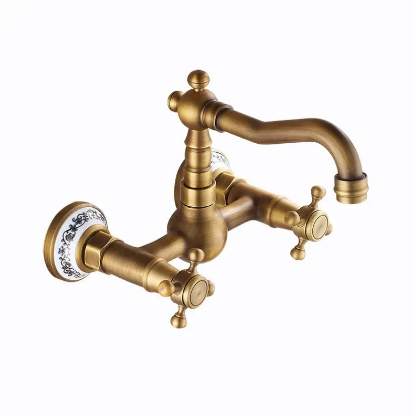 Antique brass ceramic wall mount faucet with ornate cross handles and decorative porcelain knobs for kitchen decorbites brass ceramic