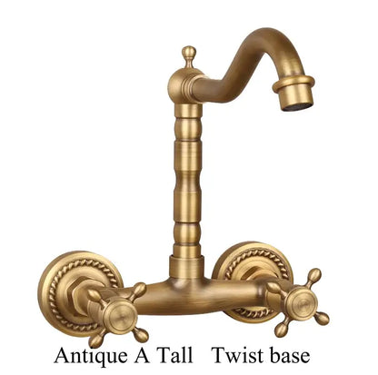 Antique brass ceramic wall mount faucet with ornate twisted base and two cross handles for kitchen decorbites brass ceramic