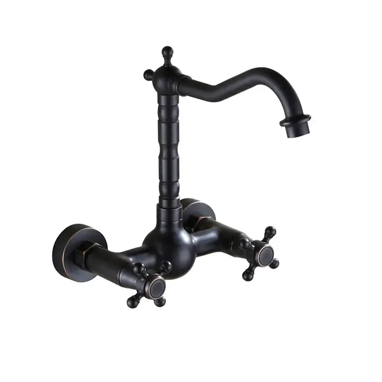 Black matte decorbites brass ceramic wall mount kitchen faucet with cross handles and curved spout vintage porcelain design