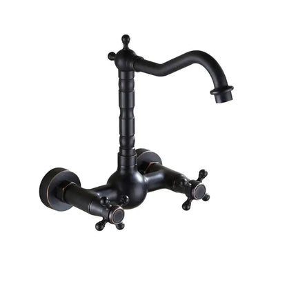Black matte decorbites brass ceramic wall mount kitchen faucet with cross handles and curved spout vintage porcelain design