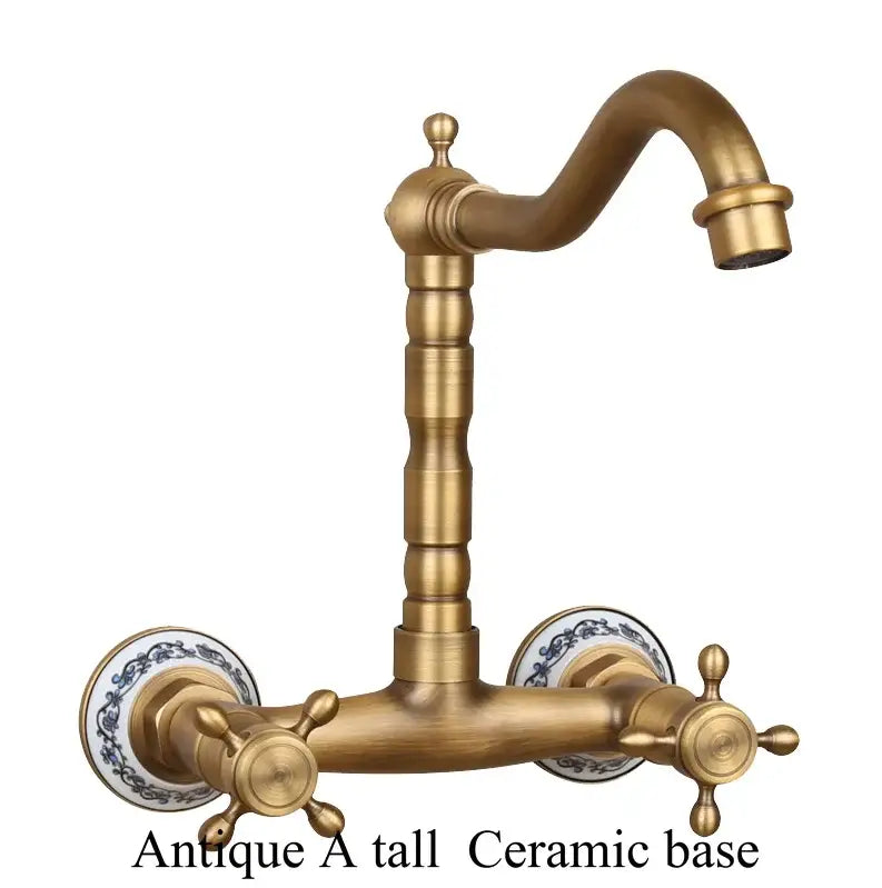 Antique brass ceramic wall mount kitchen faucet with ornate turned spout and blue floral porcelain base decorbites brass ceramic