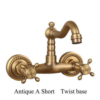 Antique brass ceramic wall mount faucet with ornate twisted base and rope-textured circular handles for kitchen decorbites brass ceramic