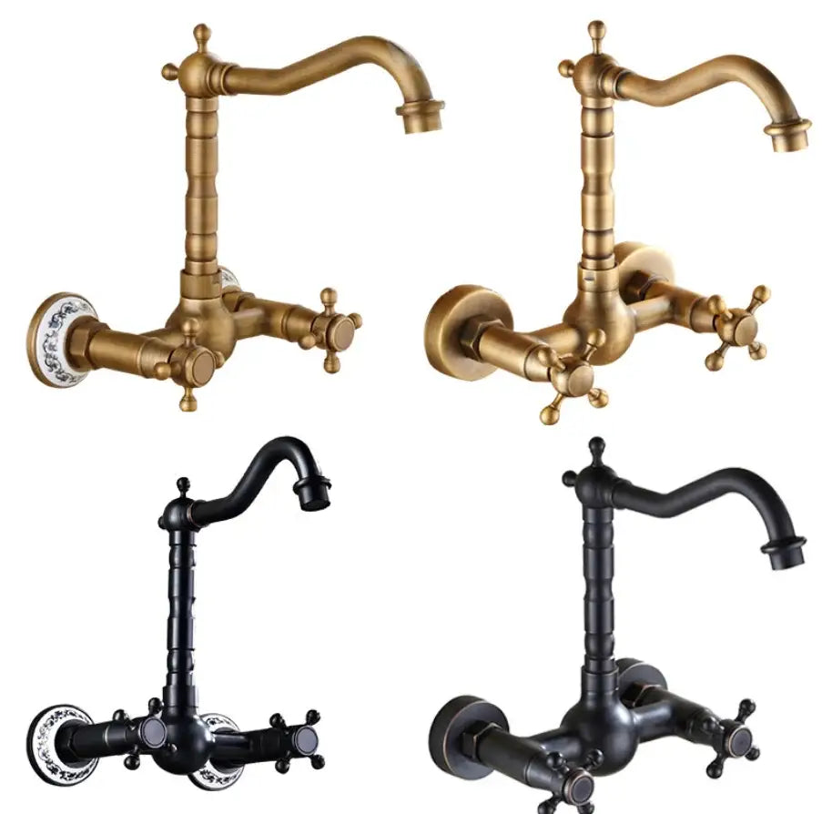 Antique brass ceramic wall mount kitchen faucet with matte black ornate segmented spouts and decorative porcelain plates