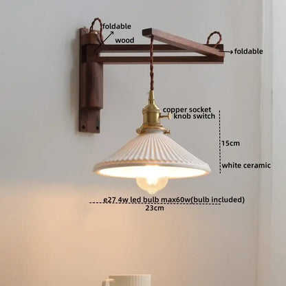 Antique brass ceramic walnut wall sconce with white fluted ceramic pendant lamp and scalloped shade decorbites ceramic walnut wall