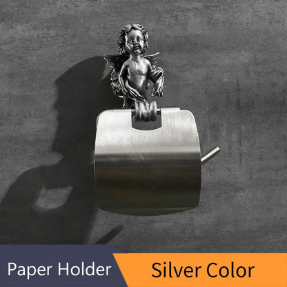 Silver-toned toilet paper holder with detailed cherub figurine featuring wings and curly hair by decorbites classic angel