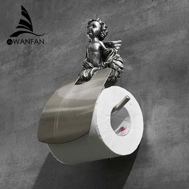 Silver decorbites classic angel toilet paper holder with polished metallic finish and ornate sculpted wings for bathroom decor