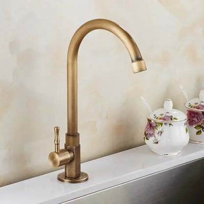 Antique brass classic cold water kitchen faucet with curved spout and single lever handle by decorbites brass classic