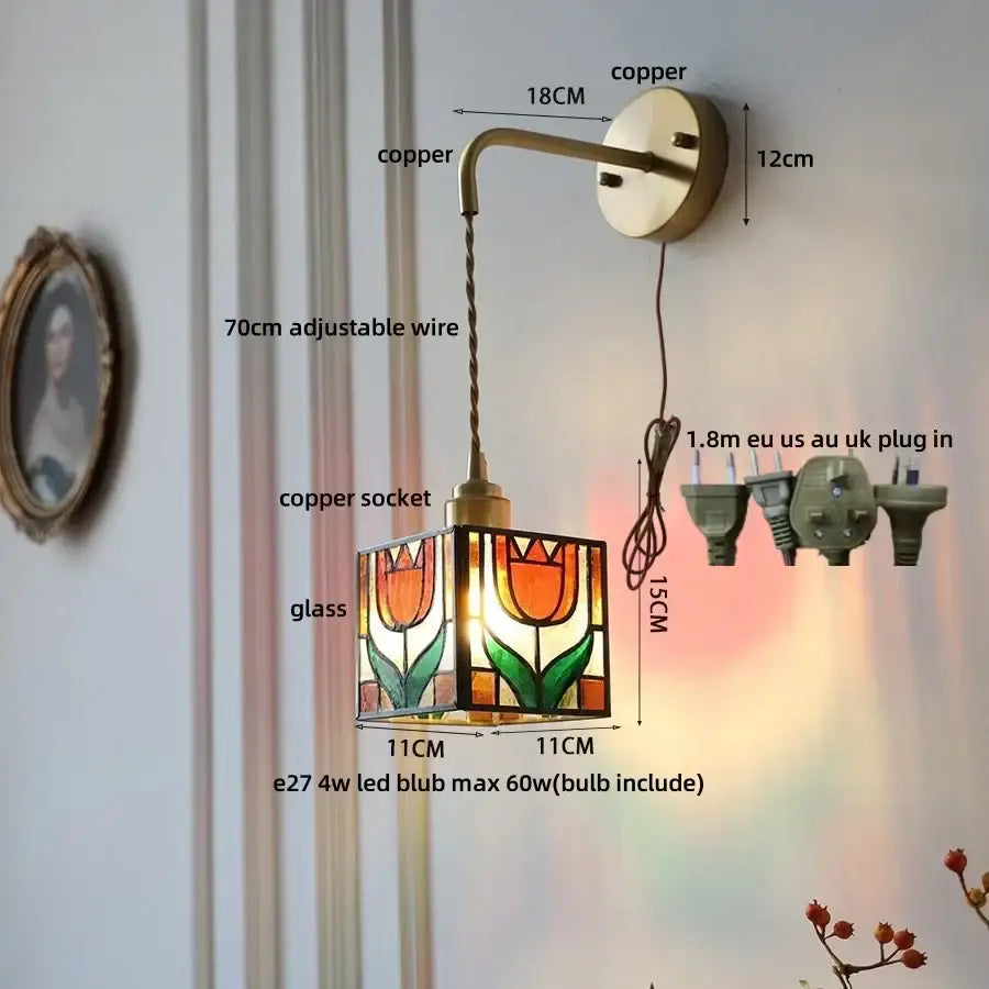 Antique brass clear flower acrylic wall lamp with copper finish and square stained glass tulip shade for bedroom wall lamp decorbites clear flower