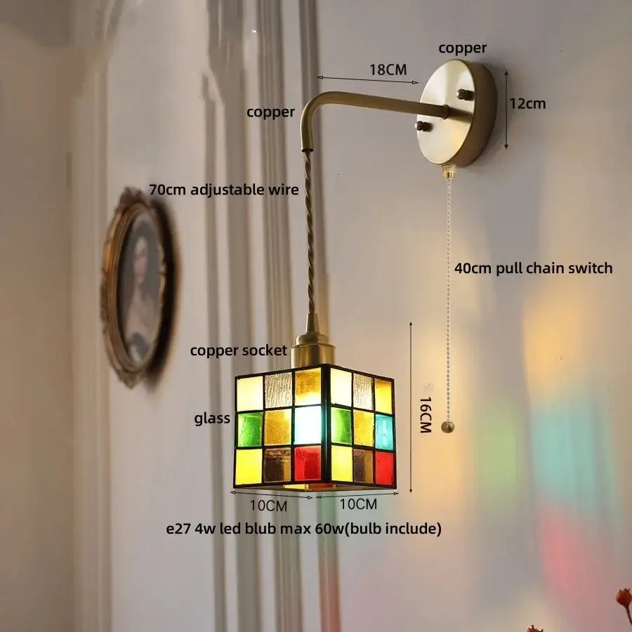 Antique brass clear flower acrylic wall lamp with vintage copper sconce and colorful stained glass shade for bedroom stair light