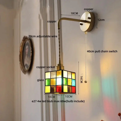 Antique brass clear flower acrylic wall lamp with vintage copper sconce and colorful stained glass shade for bedroom stair light