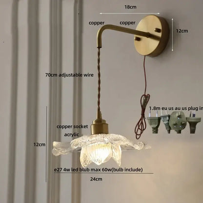Antique brass wall lamp with clear flower acrylic shade by decorbites for bedroom and stair light decor