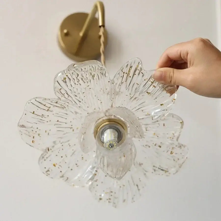 Antique brass clear flower acrylic wall lamp with gold foil accents and brass plate for bedroom stair light decorbites clear flower