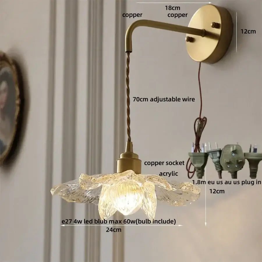 Antique brass clear flower acrylic wall lamp with translucent petals and adjustable wire for bedroom or stair light decorbites clear flower