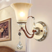 Antique brass and cream lodge style bell wall sconce with crystal droplets suitable for led incandescent fluorescent bulbs
