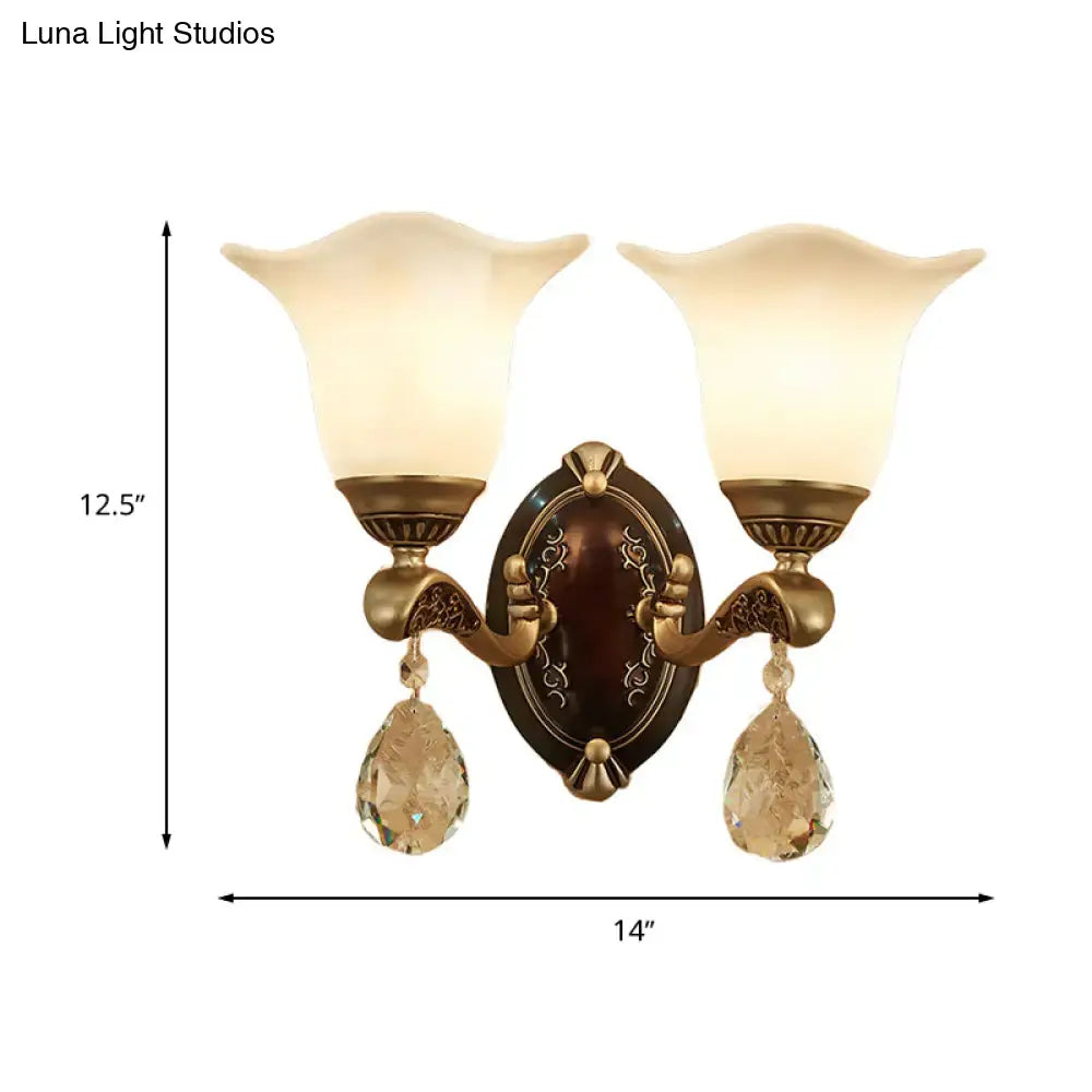 Antique brass wall lamp with dark brown ornate design, cream glass shades, crystal teardrops, compatible with e12 e14 base