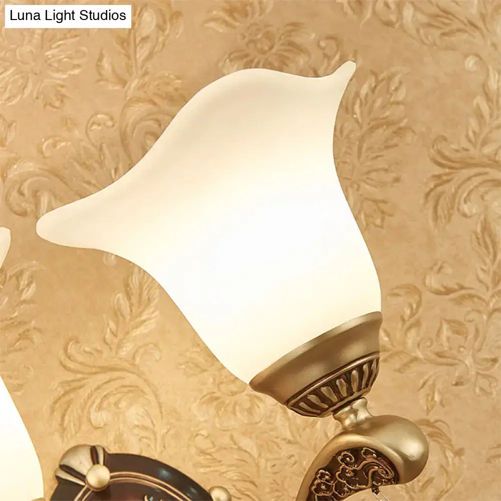 Antique brass crystal drop wall lamp with e12 e14 base and off-white tulip-shaped glass shade for bedroom sconce