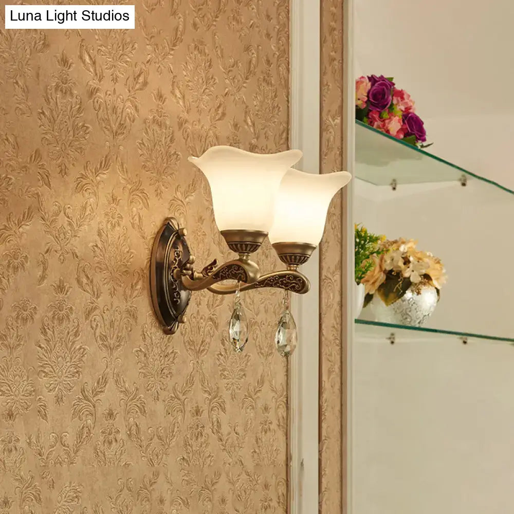Antique brass two-light wall lamp with frosted glass shades, crystal droplets, compatible with e12 e14 base bulbs
