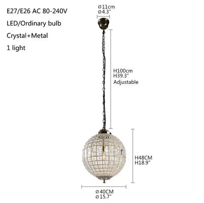 Antique brass crystal empire ball chandelier with a spherical crystal design and metallic frame hanging from chain
