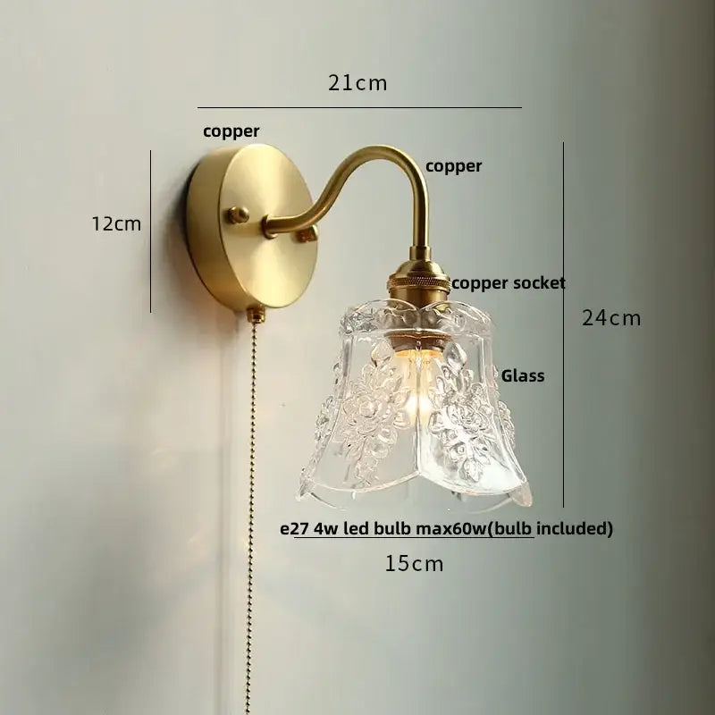 Antique brass finish copper wall sconce with clear etched glass shade for decorbites crystal led wall lighting