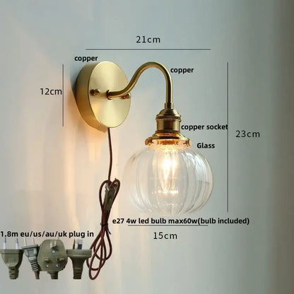 Antique brass crystal led wall sconce with vintage copper finish and clear ribbed glass globe for bedroom decorbites crystal led lighting