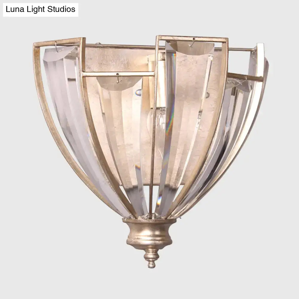 Antique brass curved wall sconce with ribbed glass panels and brushed gold metal frame for bedroom lighting