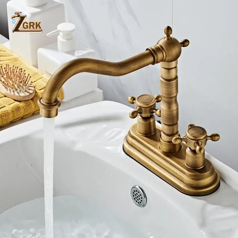 Antique brass deck mounted basin sink faucet with vintage housing material and three cross-handle controls