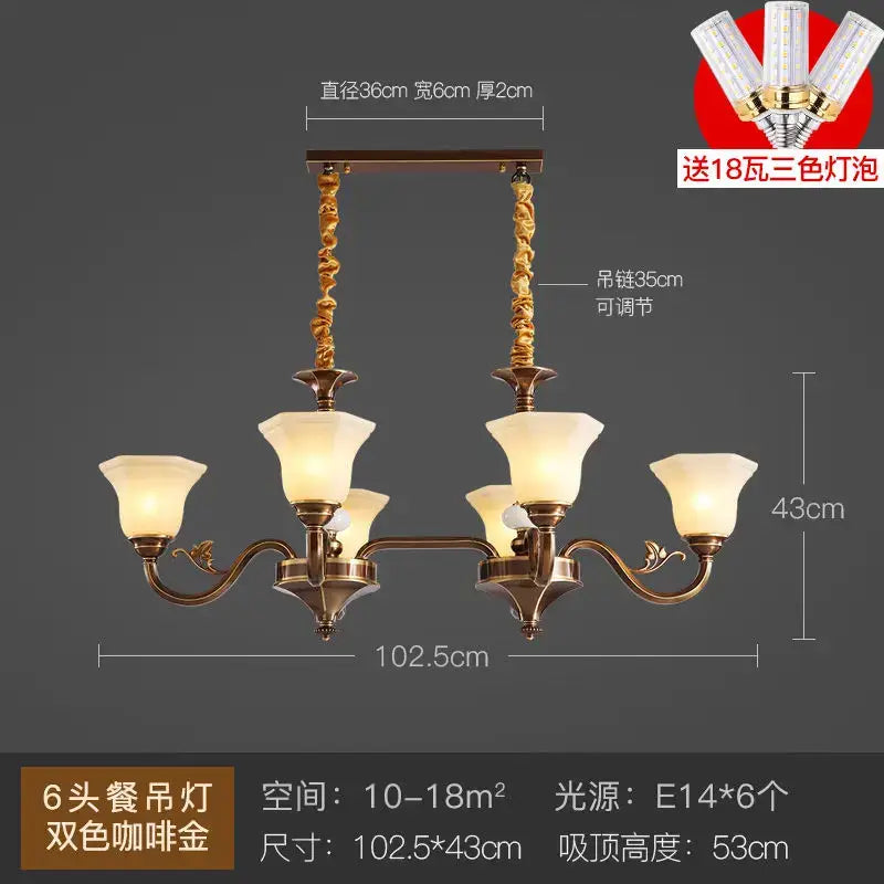 Antique brass decorbites coffee colored pendant light with six cream glass shades for dining room lighting